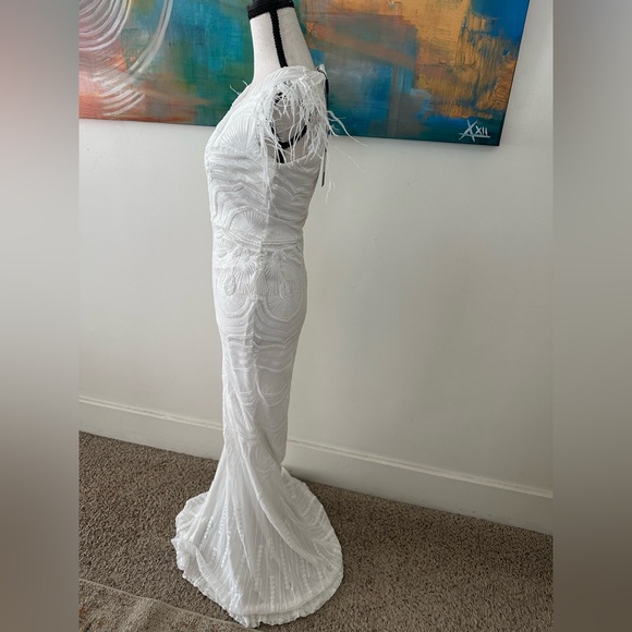 Fashion Nova NWT The Most Elegant Sequin Stretch Feather Sleeveless Maxi Dress S - Picture 8 of 15